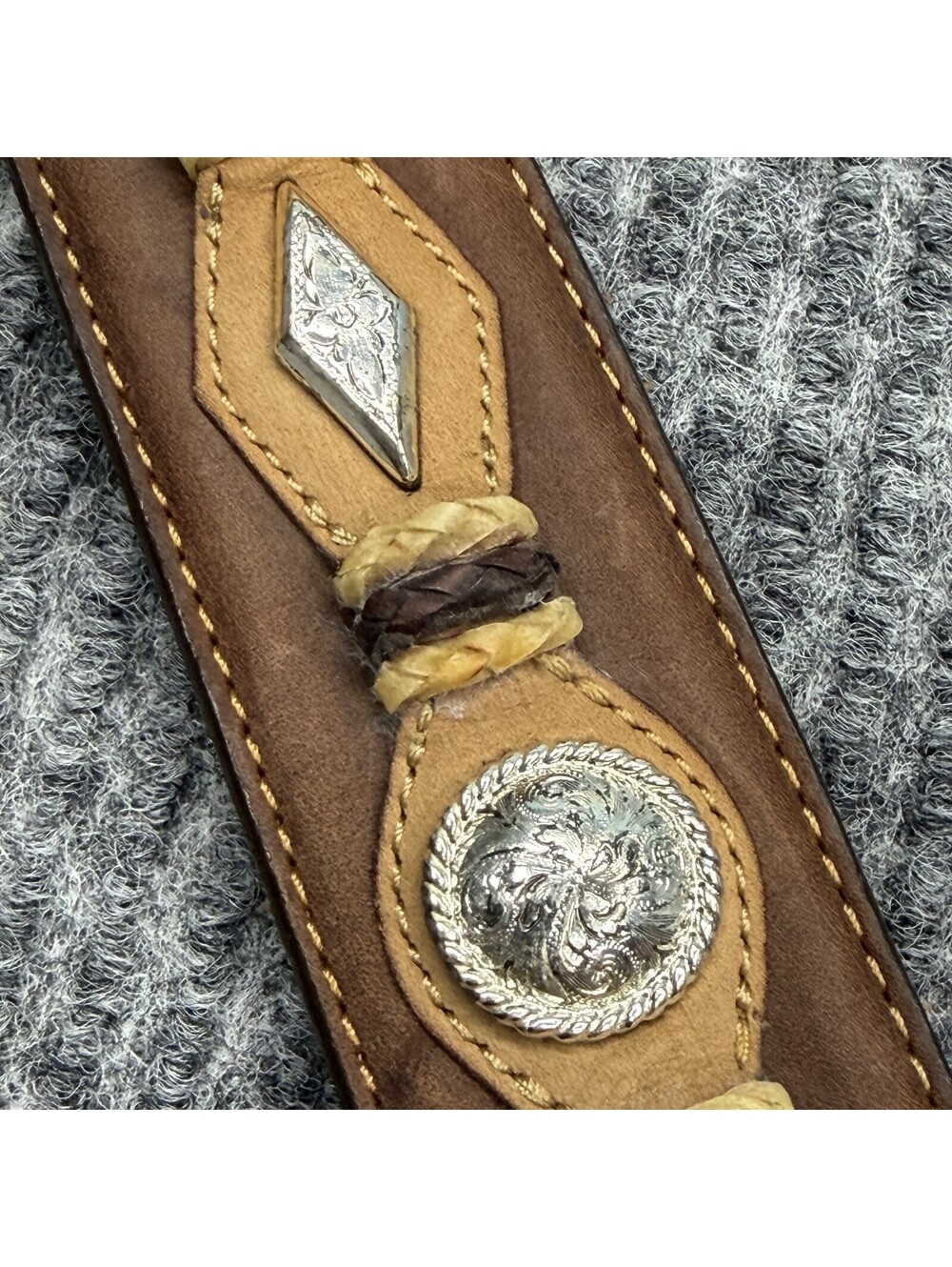 Justin Belt Mens 38 Brown Leather Western Concho Studded Engraved Silver Buckle - Picture 7 of 15
